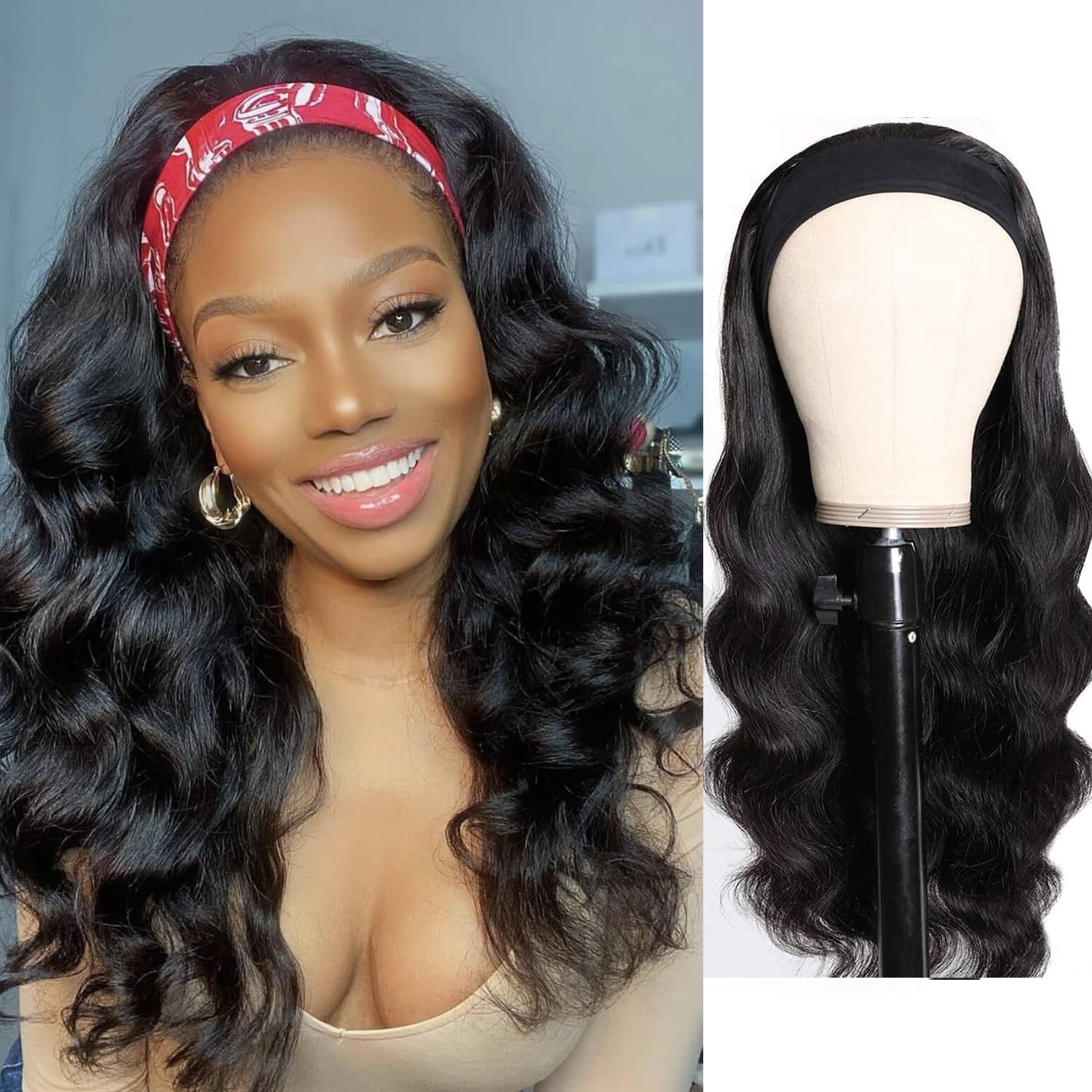 Ghaadd Headband Wig Human Hair Body Wave Wigs for 16 Inch, black