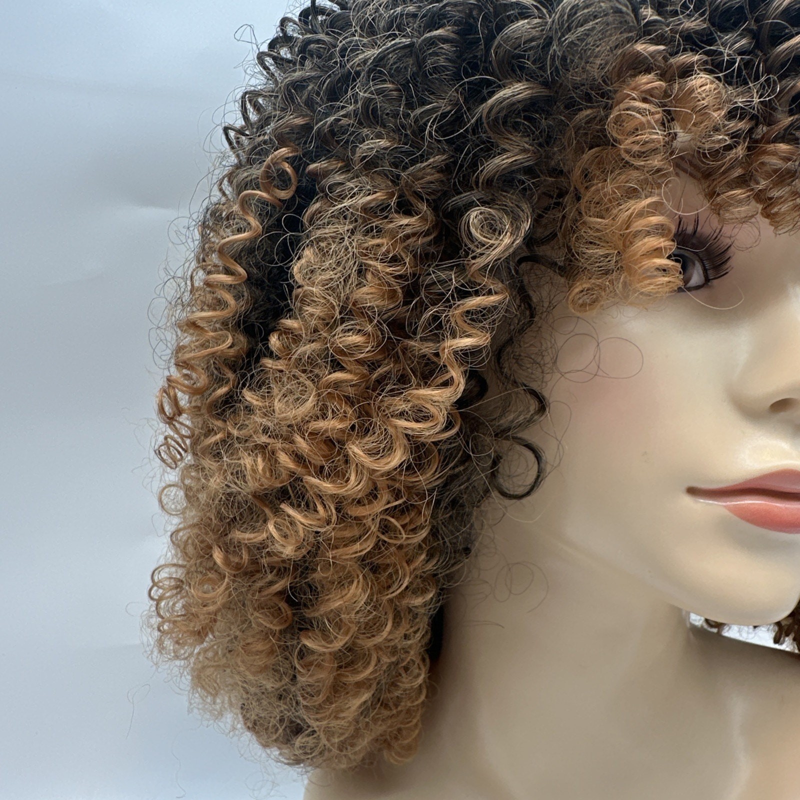 Ombre Brown 12 Inch Afro Kinky Curly Synthetic Wig with Bangs Wear and Go {19}