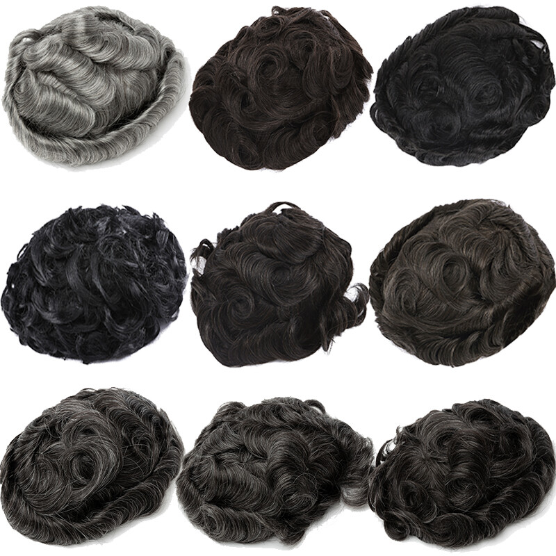 Mens Toupee Thin Skin PU/MONO Real Remy Human Hair Piece Toupee Replacement Wig
