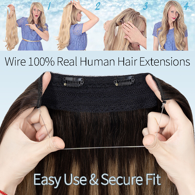 Invisible Ring Clip in Wire Fish Line Weft Remy Human Hair Extensions Hairpiece