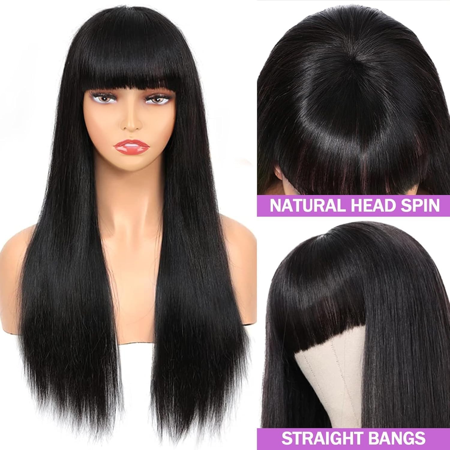 Straight Wigs with Bangs Human Hair Wigs for Black Women None Lace Front Wigs