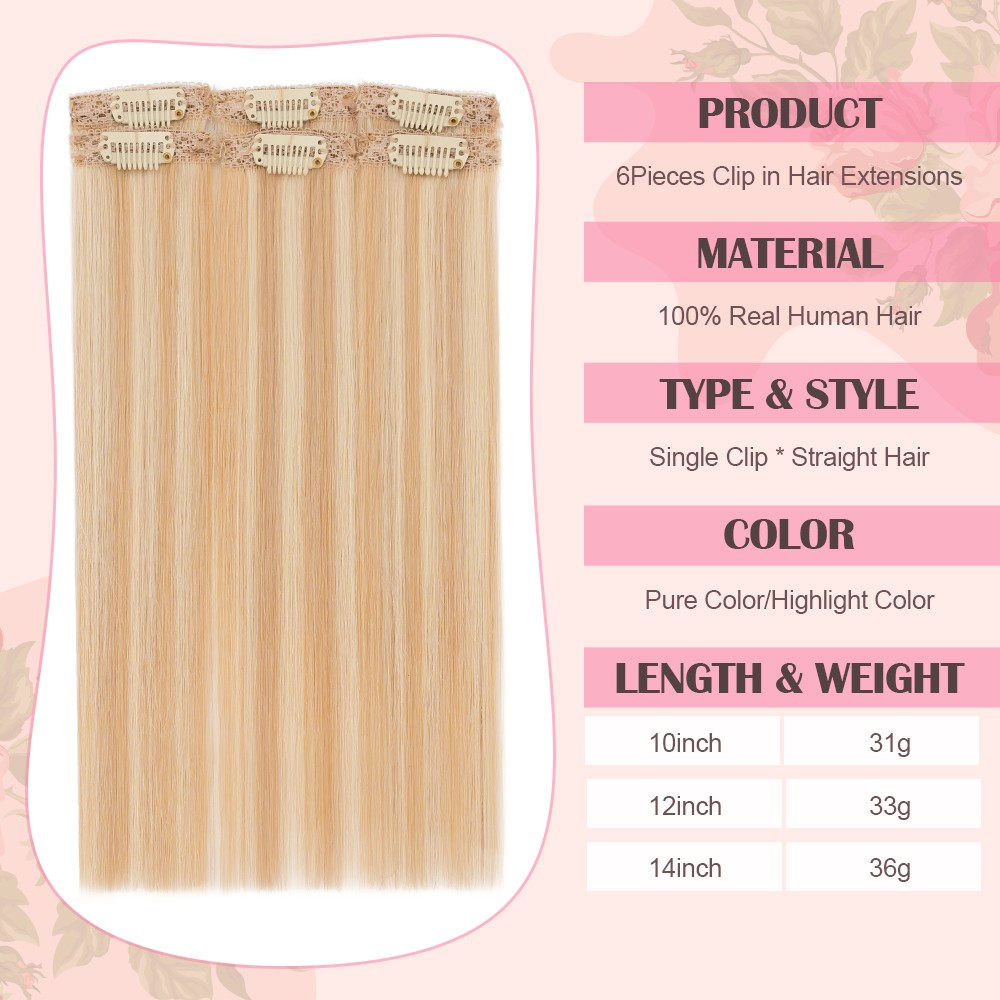 US 6pcs 6 Clips in Remy Human Hair Extensions Hairpiece Short Straight Highlight