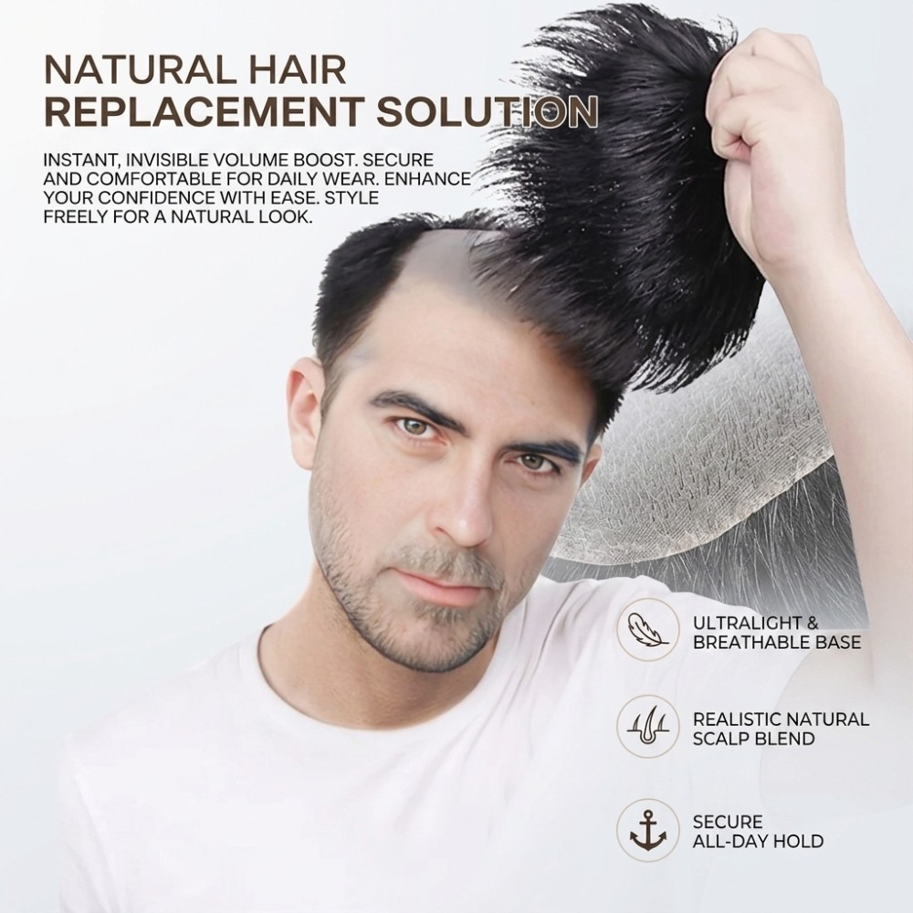 Men’s Hair Topper Invisible Breathable Mesh Hairpiece Natural Black 2 Pieces