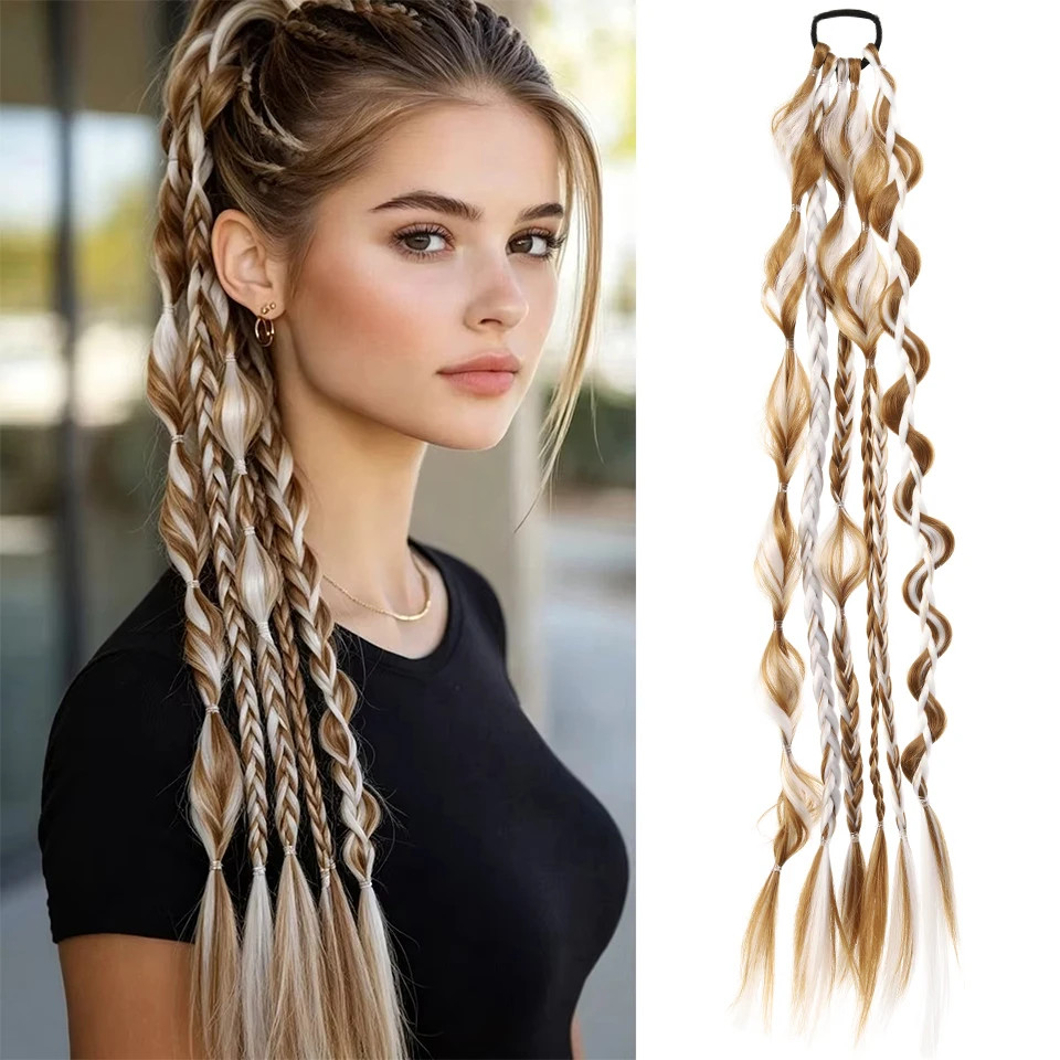 Lightweight Synthetic 24Inch Long Braided Bubble Ponytail Wig For Women Party