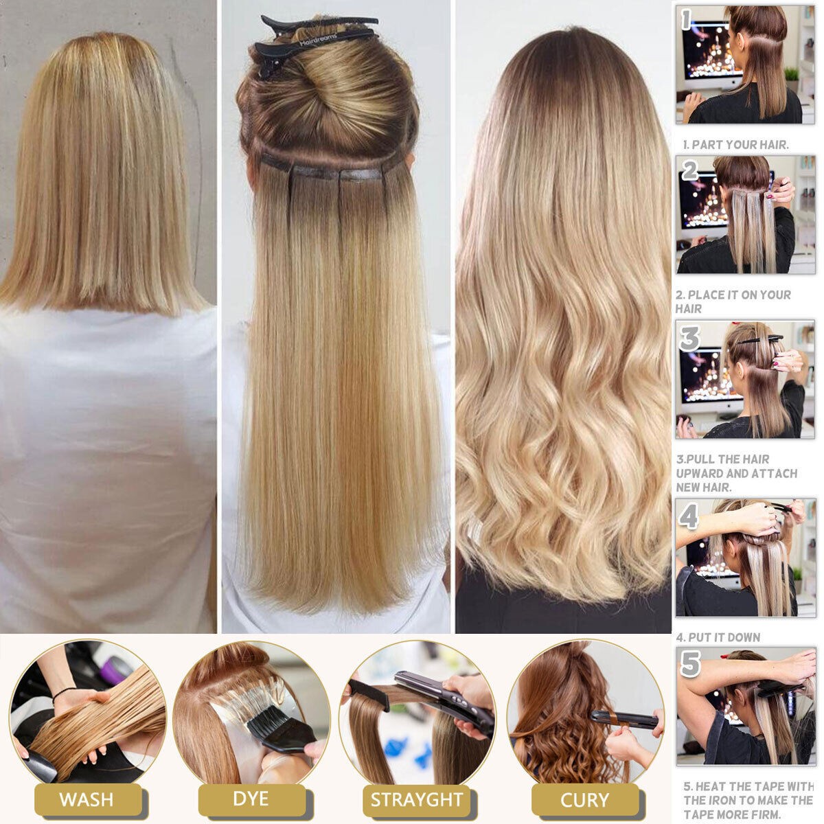 Tape in Human Hair Extensions Skin Wefts Remy Medium Brown Balayage Blonde26inch