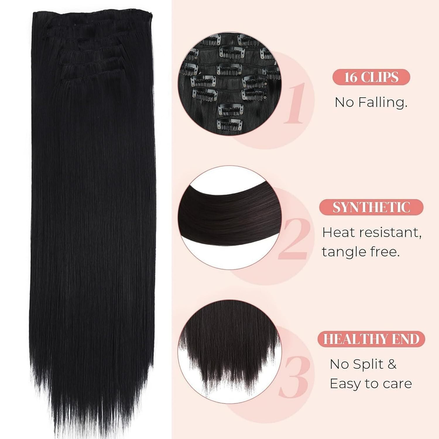 Seamless Clip-in Hair Extensions – 7 Pieces, 140g Synthetic US 24 Inch, Black