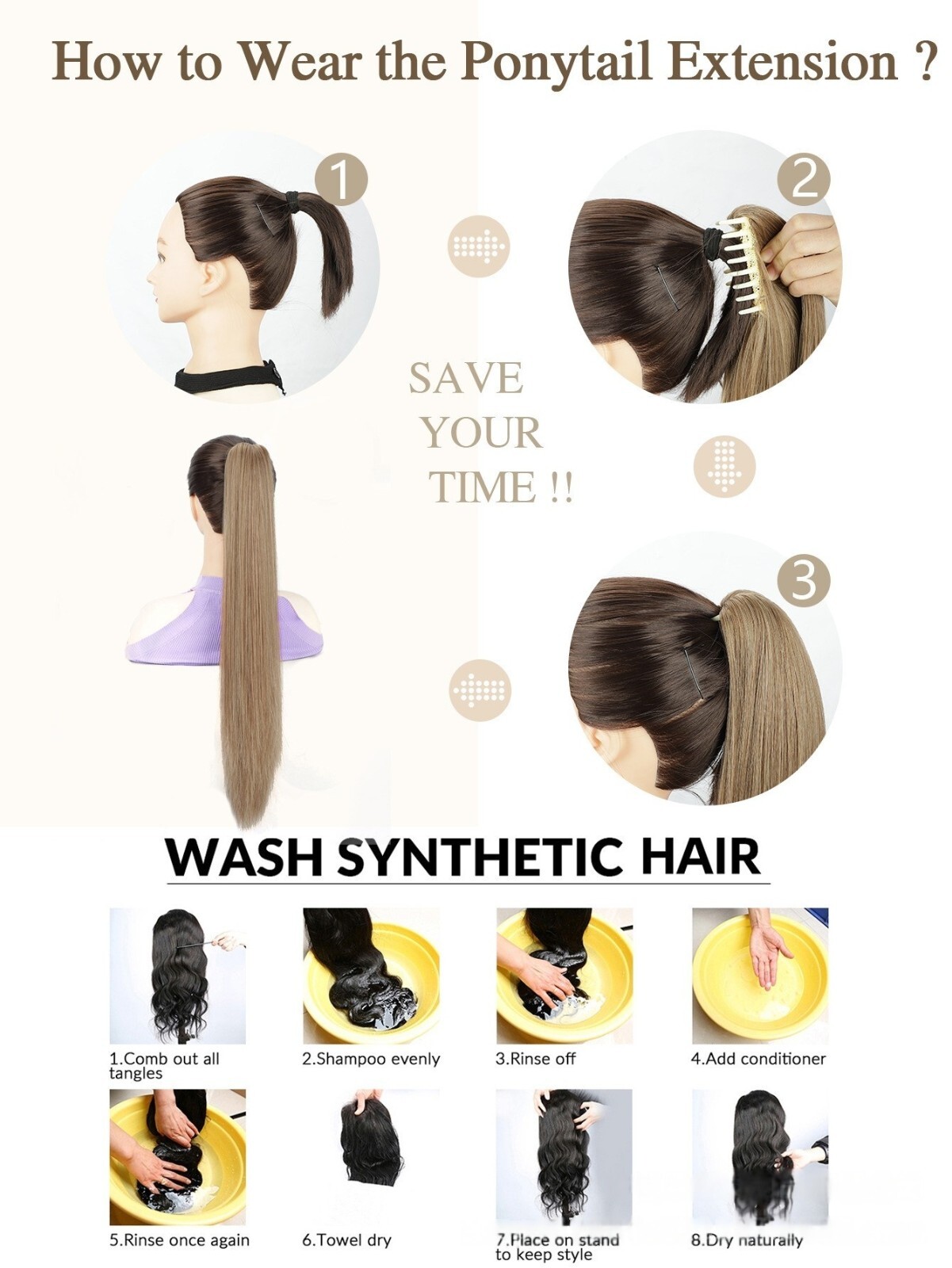 26″ Real Ponytail Claw Clip Hair Extension Pony Tail Thick Hairpiece in As Human