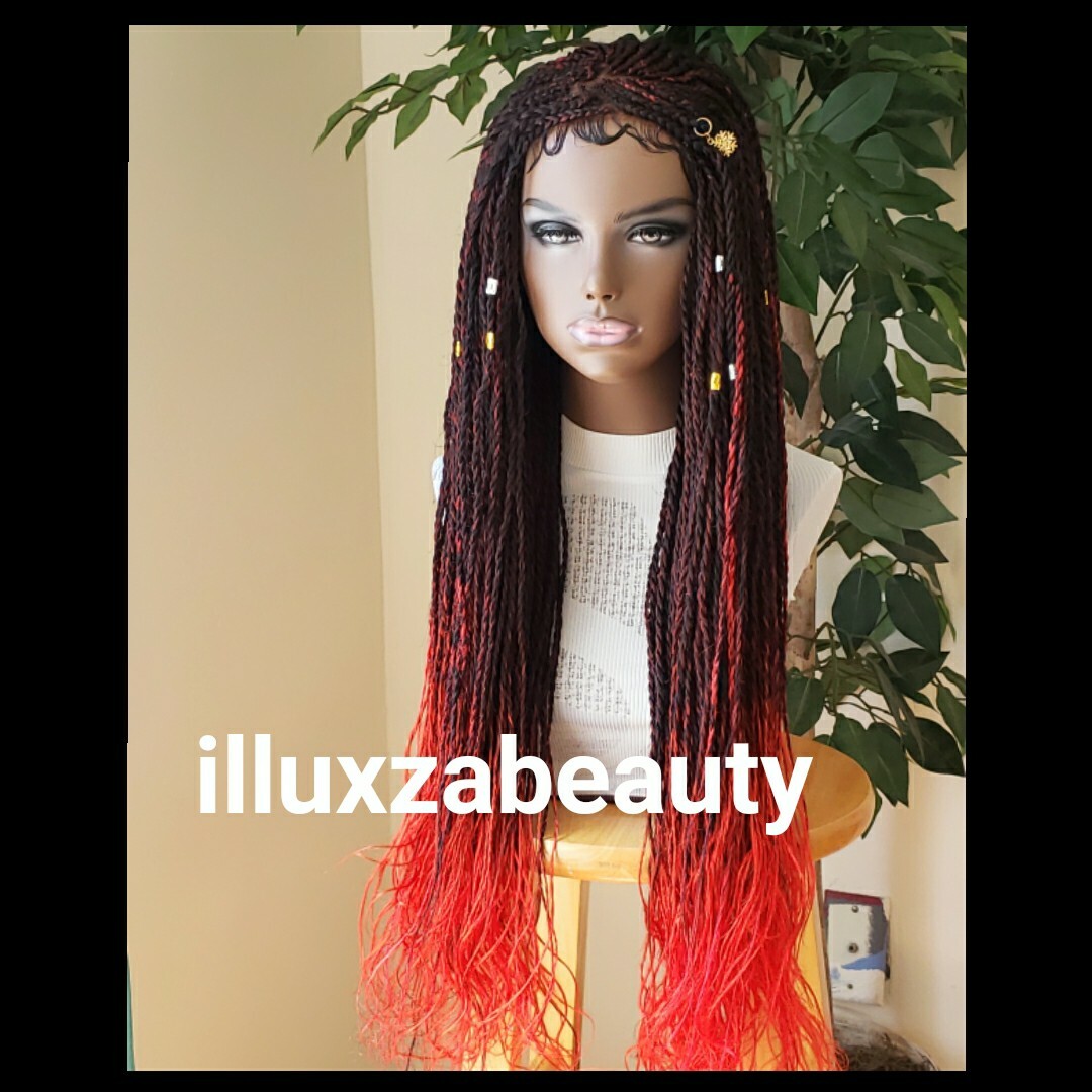 4×4 Closure senegalese twist Braided Wig black red curl L 28″-29″
