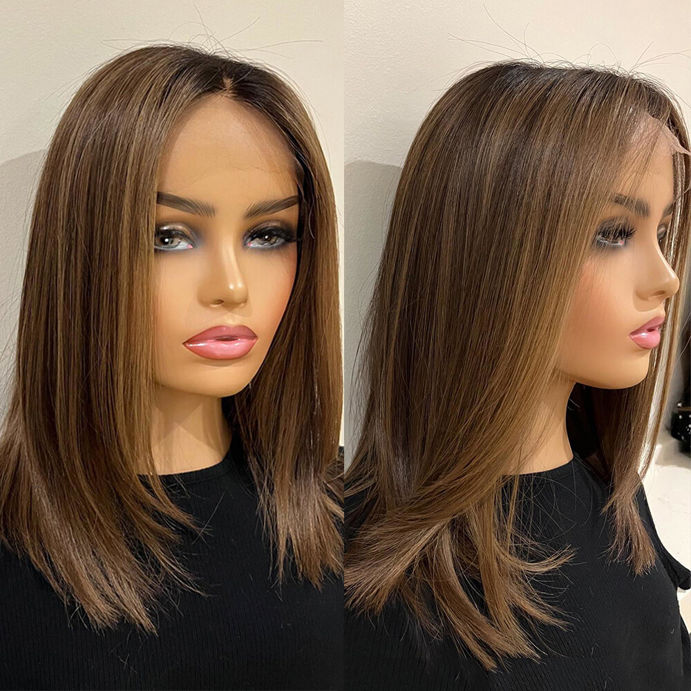 100% Human Hair Lace Front Wigs Ombre Highlight Brown 4×4 Lace Front Wig