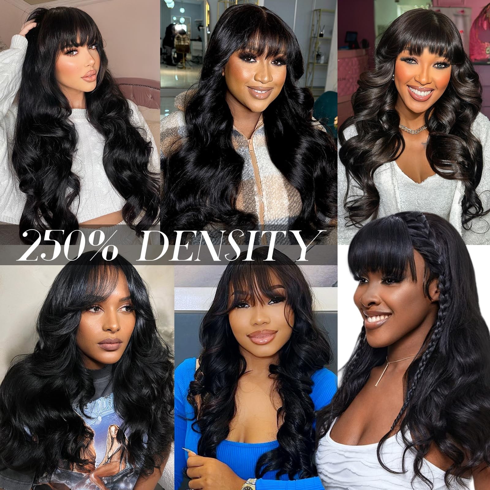 250 Density 20″ Body Wave HD Lace Front Wig with Bangs – Glueless, Human Hair fo