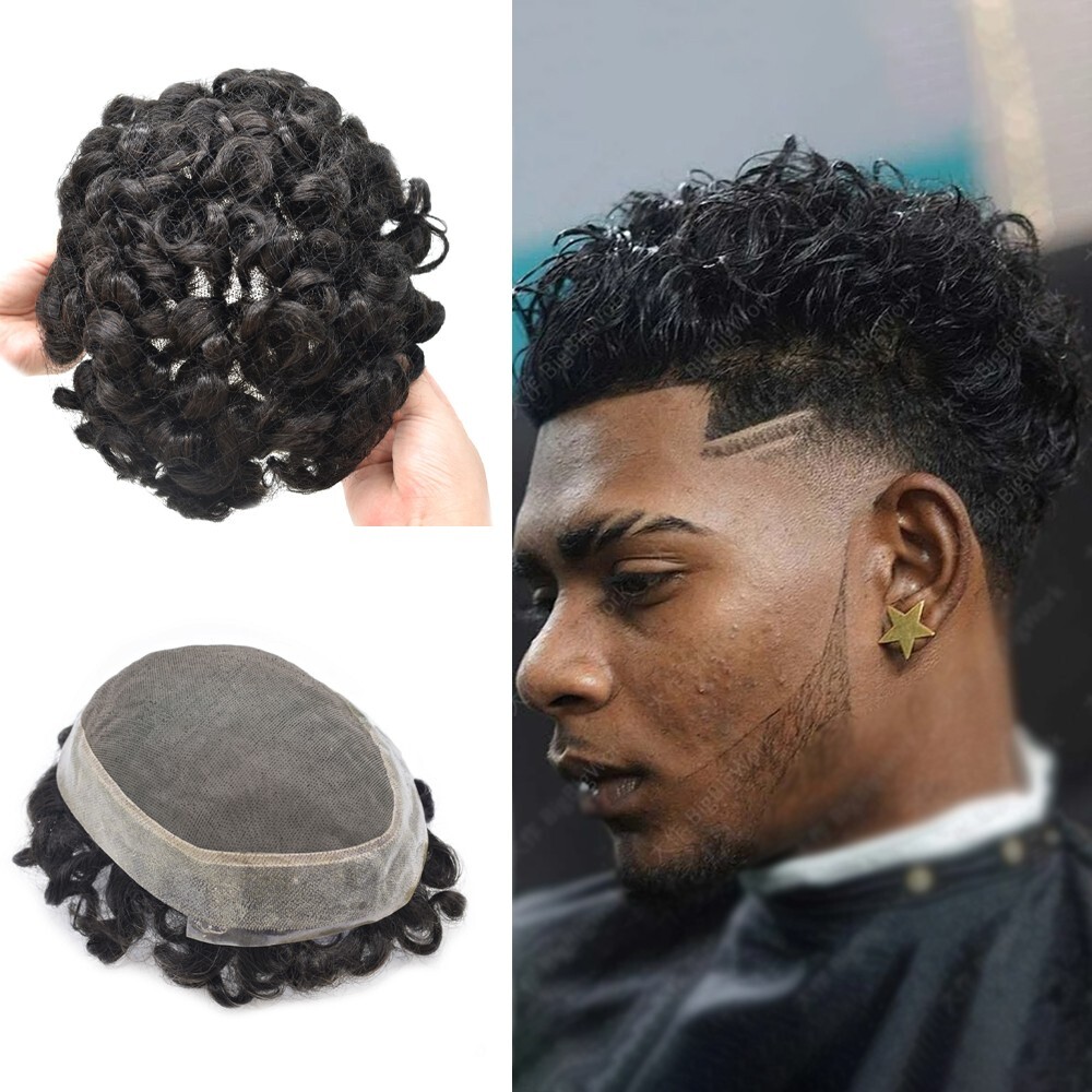 Afro Toupee for Black Men Durable Mono Afro Weave Kinky Curly Mens Wig Hair Unit