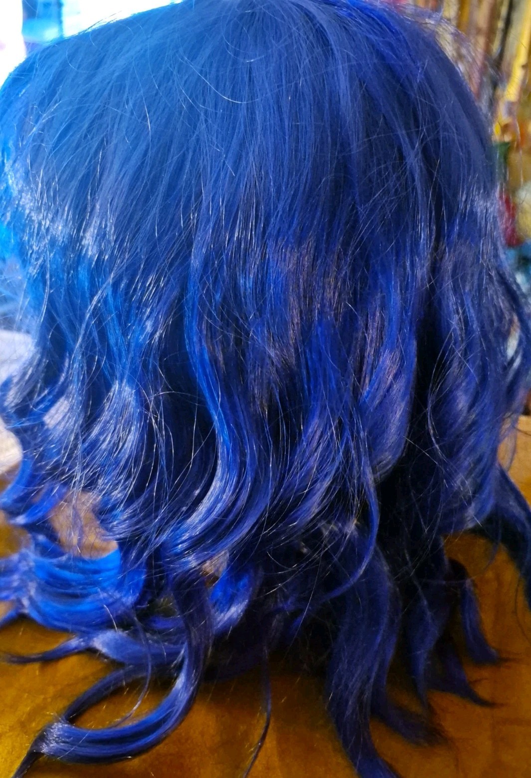 Blue Curly Wavy Bangs Medium Length Women Wig Synthetic Cosplay Anime Wig
