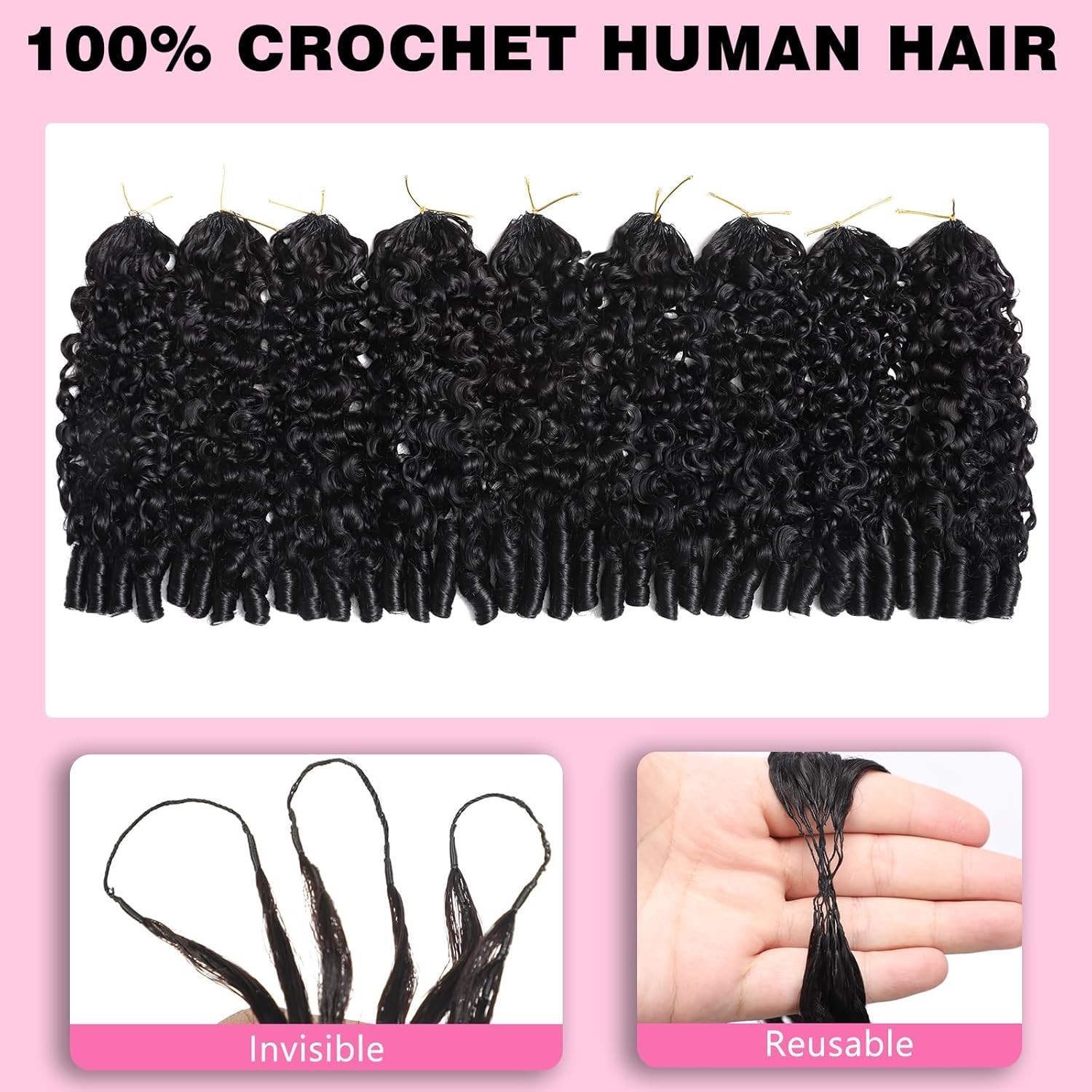 Soft 16″ Remy Curly Human Hair Crochet – Lightweight Burmese, Knotless, Reusable