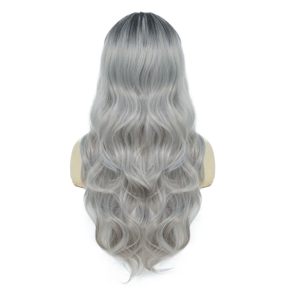 Long Grey Curly Wig for Women Ombre Gray Wavy Synthetic Wig for Daily Party H…