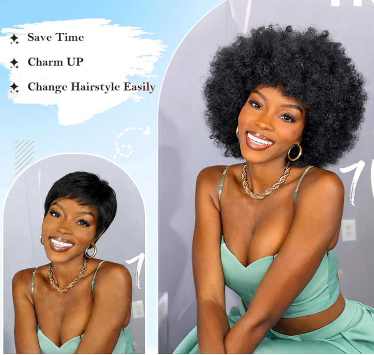 NWT 70’s Afro Wigs 100% Human Hair Short Curly Wig With Bangs 5inch, Glueless