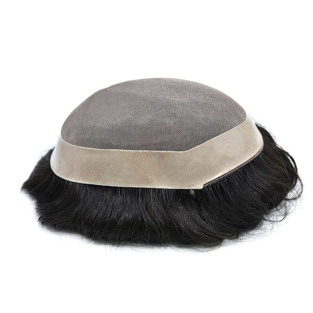 French Lace Mens Toupee PU Border 1B# Off Black 7×9″” 120% Medium/Light Density