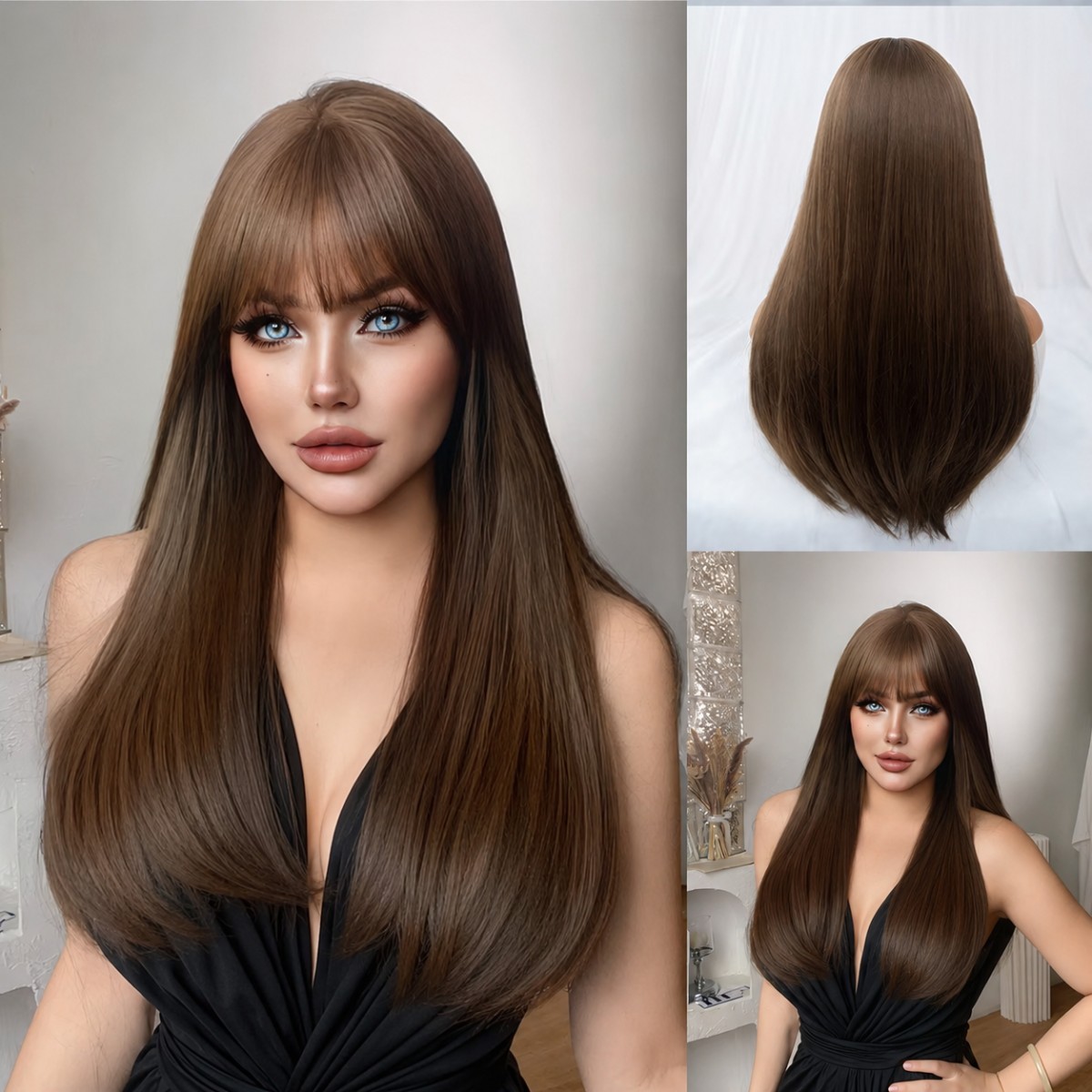 Medium brown Heat Resistant Hair Cosplay Wig With Fringe Long Straight
