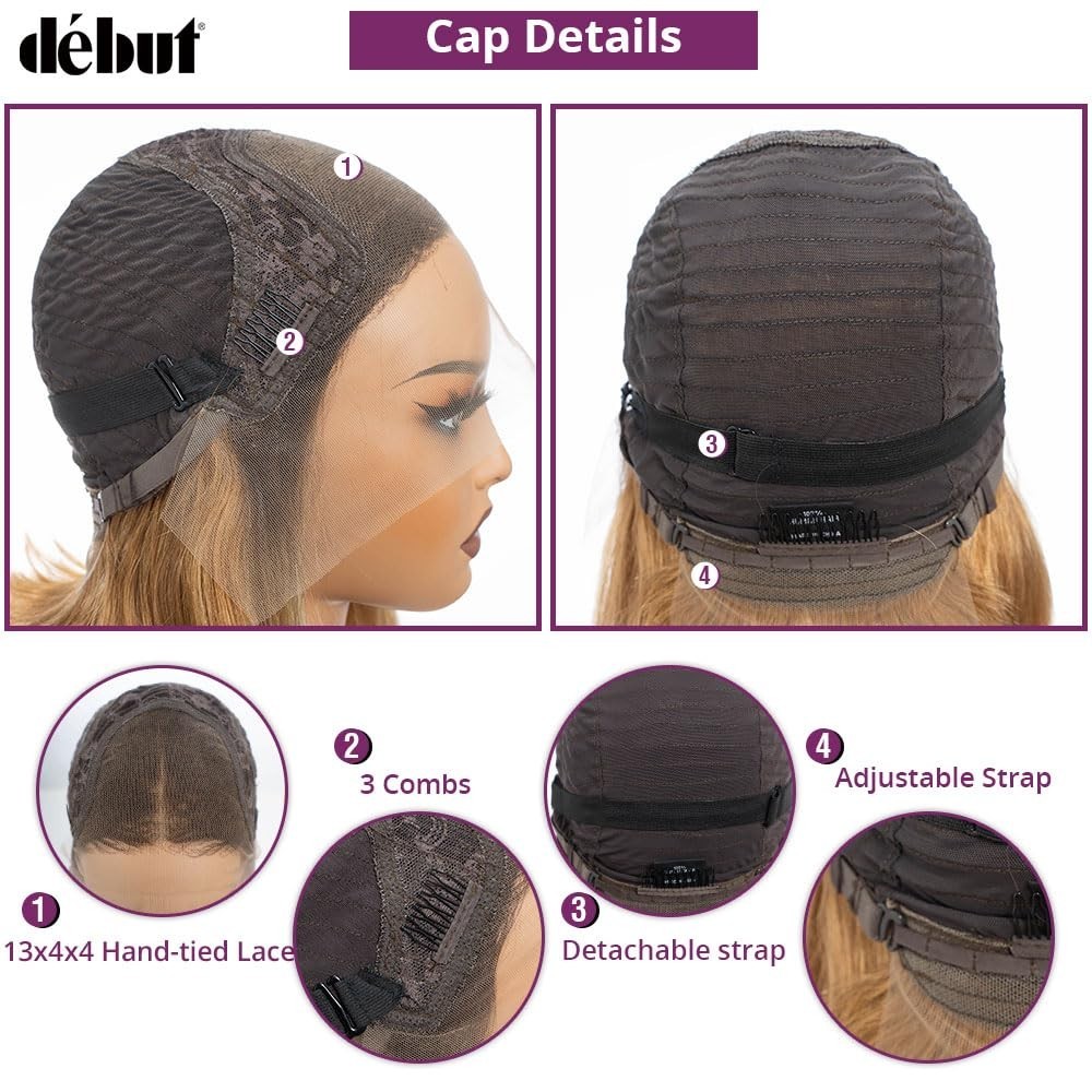 DEBUT Skunk Stripe Lace Front Wig 4×4 HD Ombre Brown Blonde Bob 10 Inch Human Ha