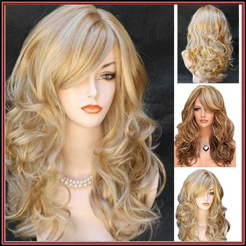 23inch Blonde Wig With Bangs Long Wavy Blonde Curly Wigs for Women Synthetic