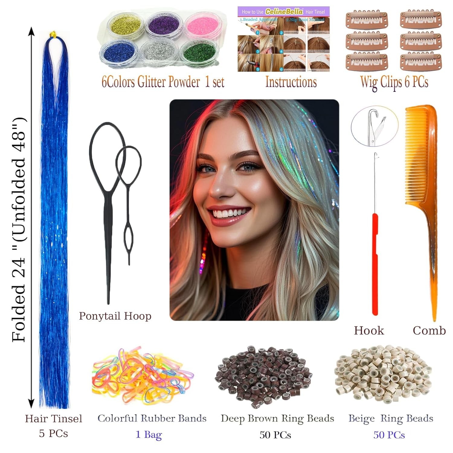 Blue Hair Tinsel,Fairy Hair Tinsel Extension,5 Pcs 1250 Strands 48 Inch Heat Res
