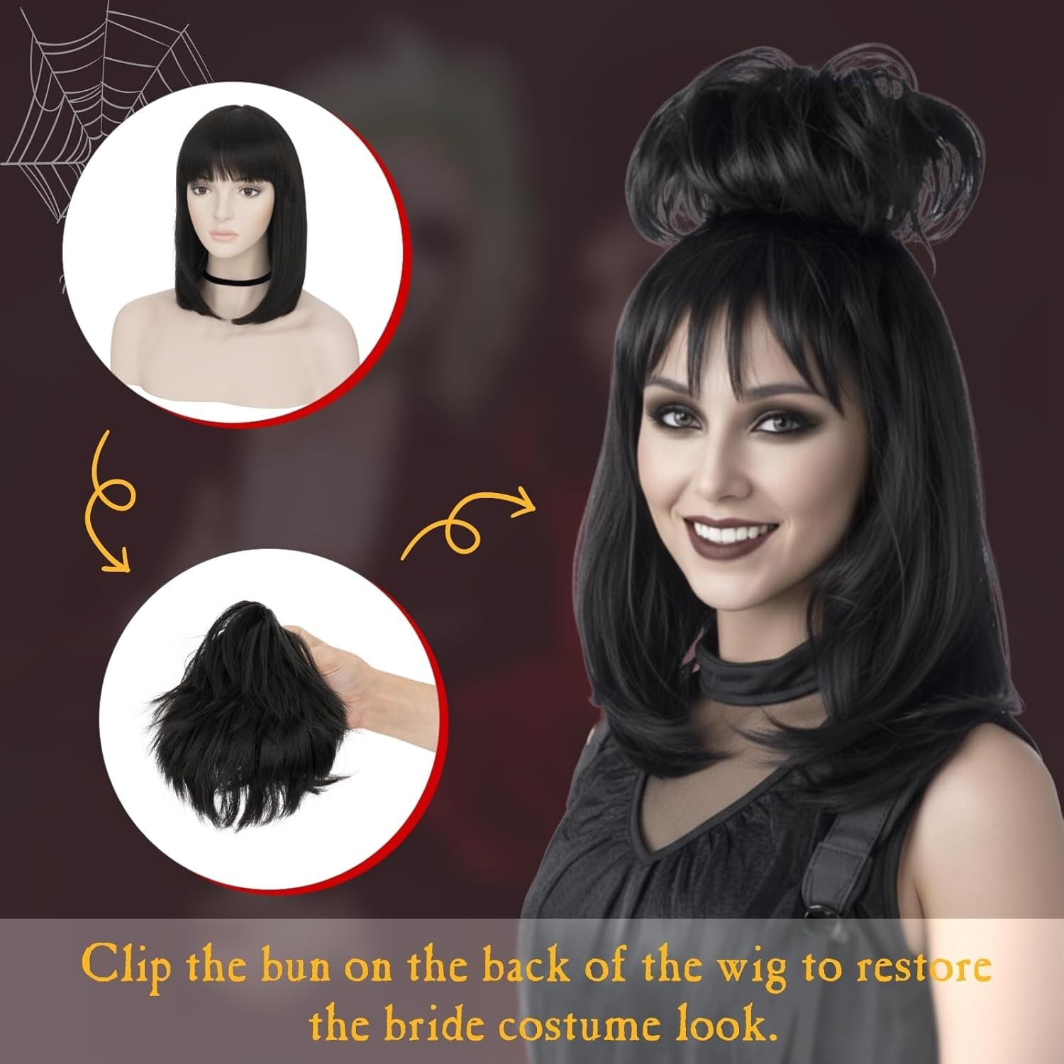 Benehair Black Cosplay Wig With Bun, Black Ghost Bride Costume Wig for Women, Ly