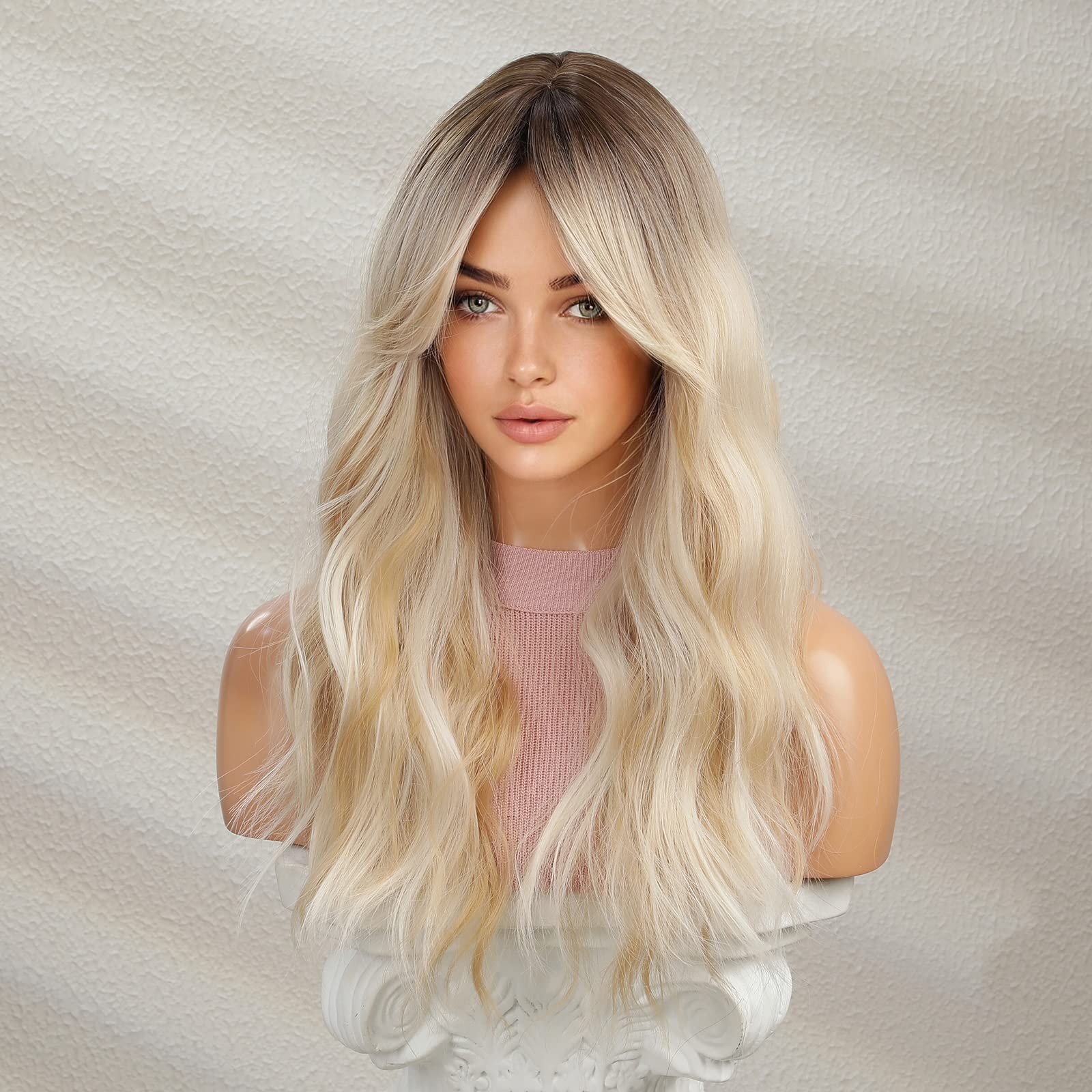 Blonde Wig for Women Long Curly Wavy Ombre Blonde Wigs Dark Roots Two Tones S…