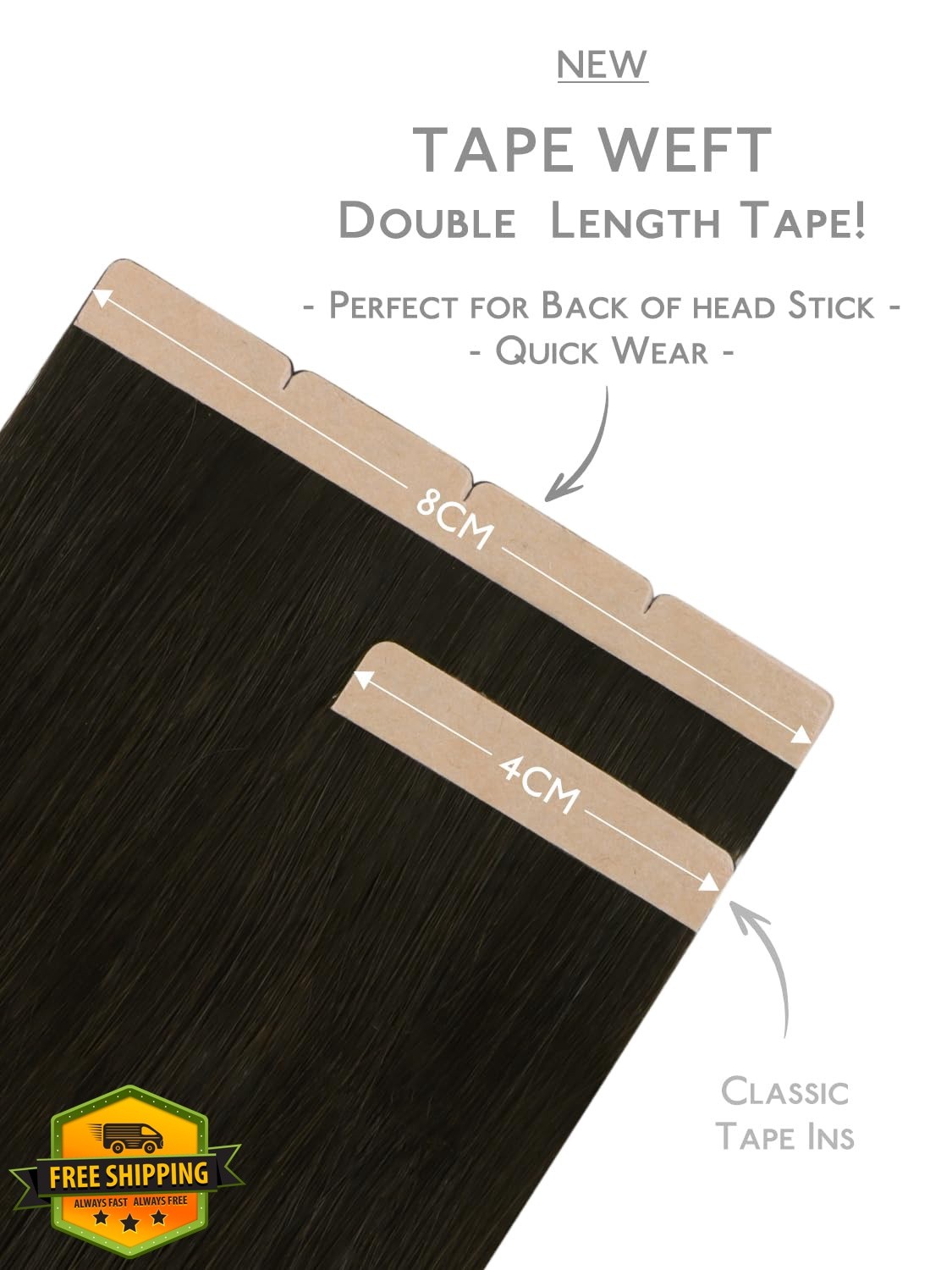 Wennalife 8cm #1B Natural Black 18″ 50g 10pcs Tape In Hair