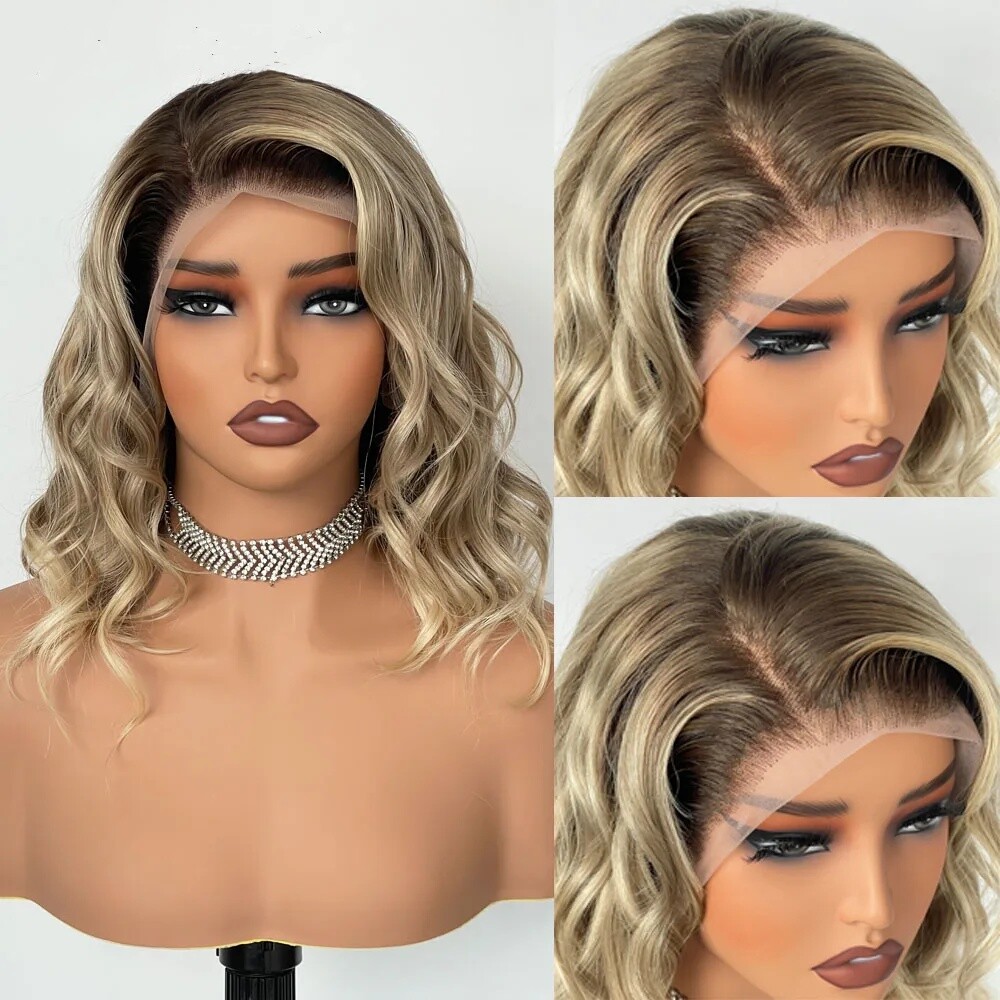 Balayage Ash Blonde Body Wave Wigs Remy Human Hair13x4 Lace Front Wig Pre Pluck