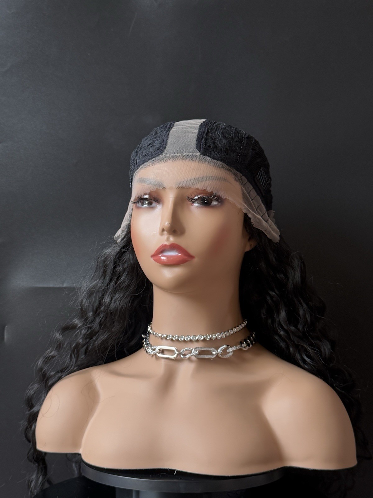 Black Wig Faux Lace 26 Inches Long Middle Part Spiral Curly