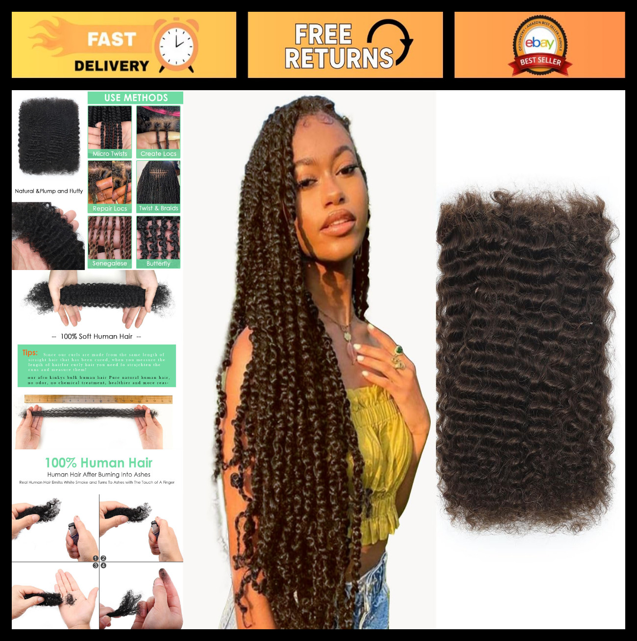 26″ Afro Kinky Bulk Human Hair for Dreadlock Extensions & Repair – Medium Brown,