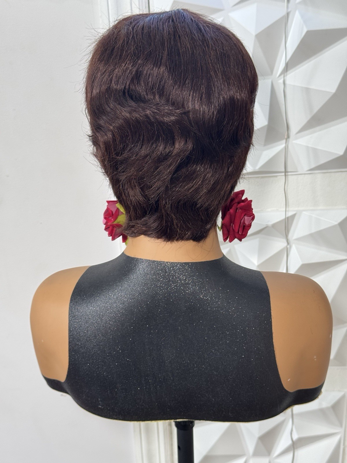 100% Human Hair Dark Brown Pixie Cut Wig Short Bangs Classic Cap One Size