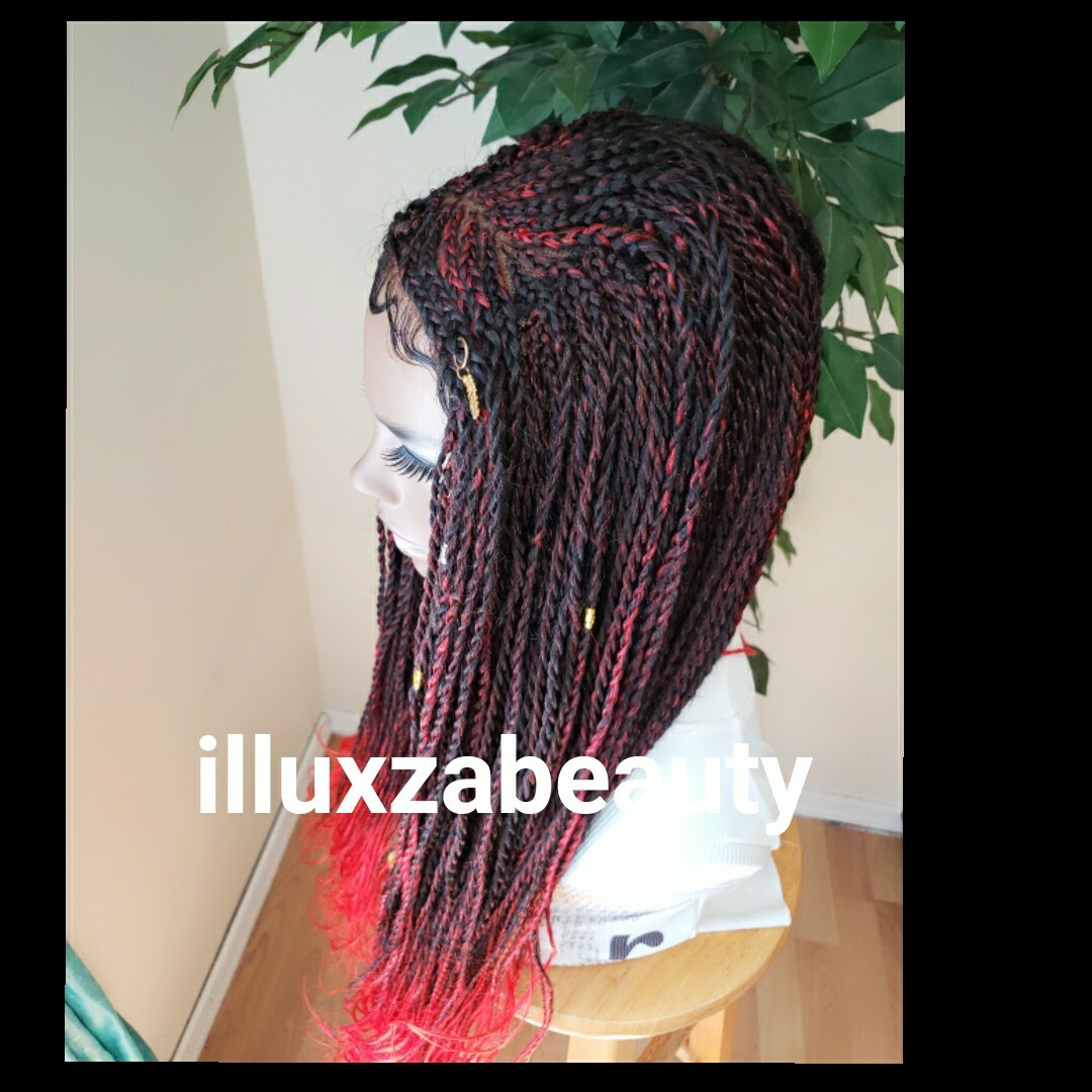 4×4 Closure senegalese twist Braided Wig black red curl L 28″-29″