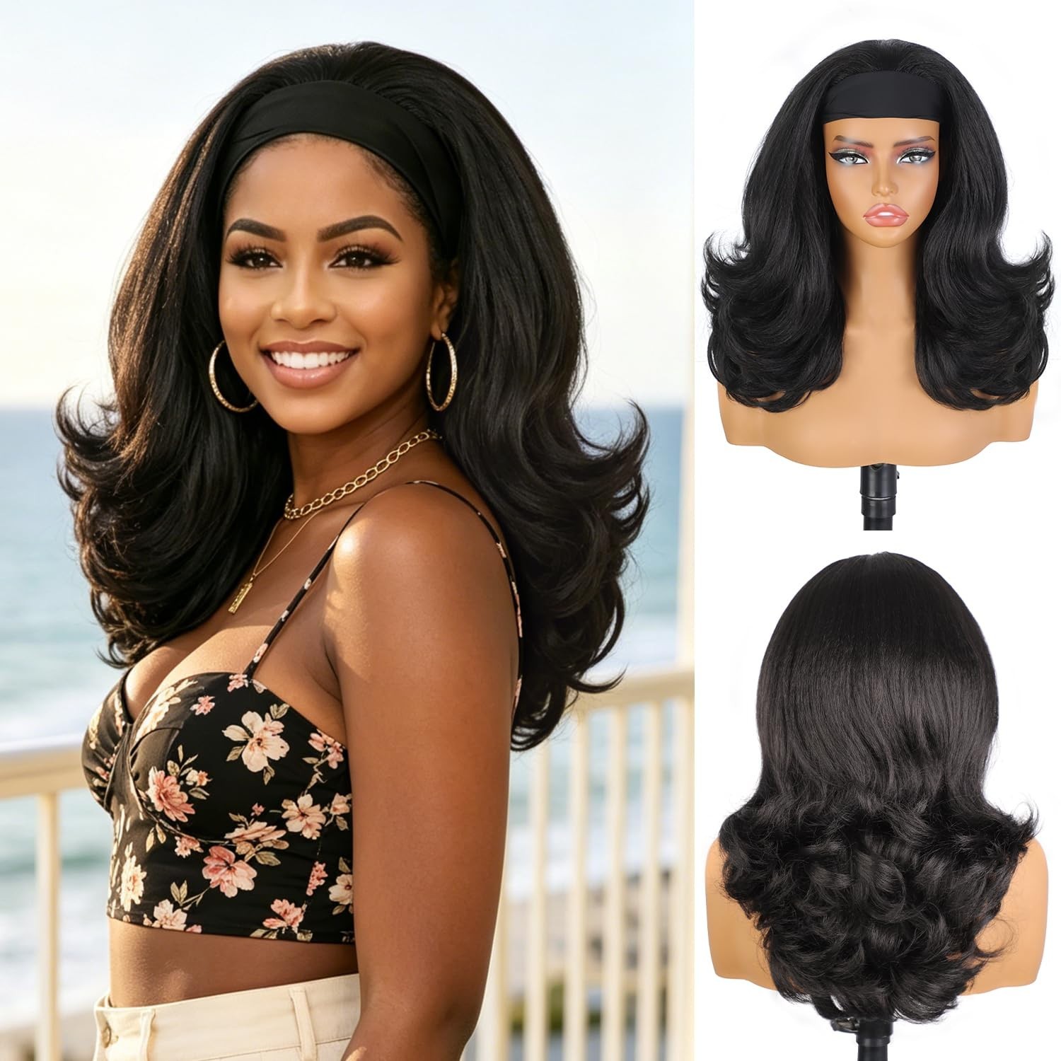 18″ Curly Headband Wig for Black Women – Synthetic Layered Kinky Straight, Easy