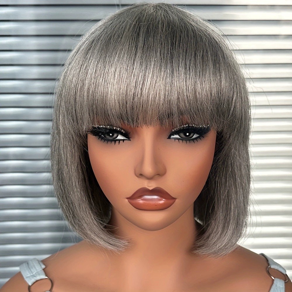 Salt and Pepper Short Bob Wigs Gray Wig with Bangs 100% Human Hair Full Machine