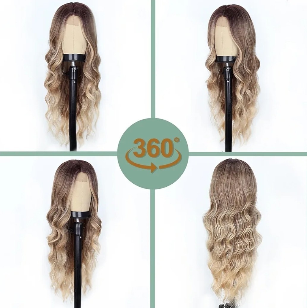 HD Lace Front Wig Human Hair Blend Highlights Wavy Brown X Blonde Balayage
