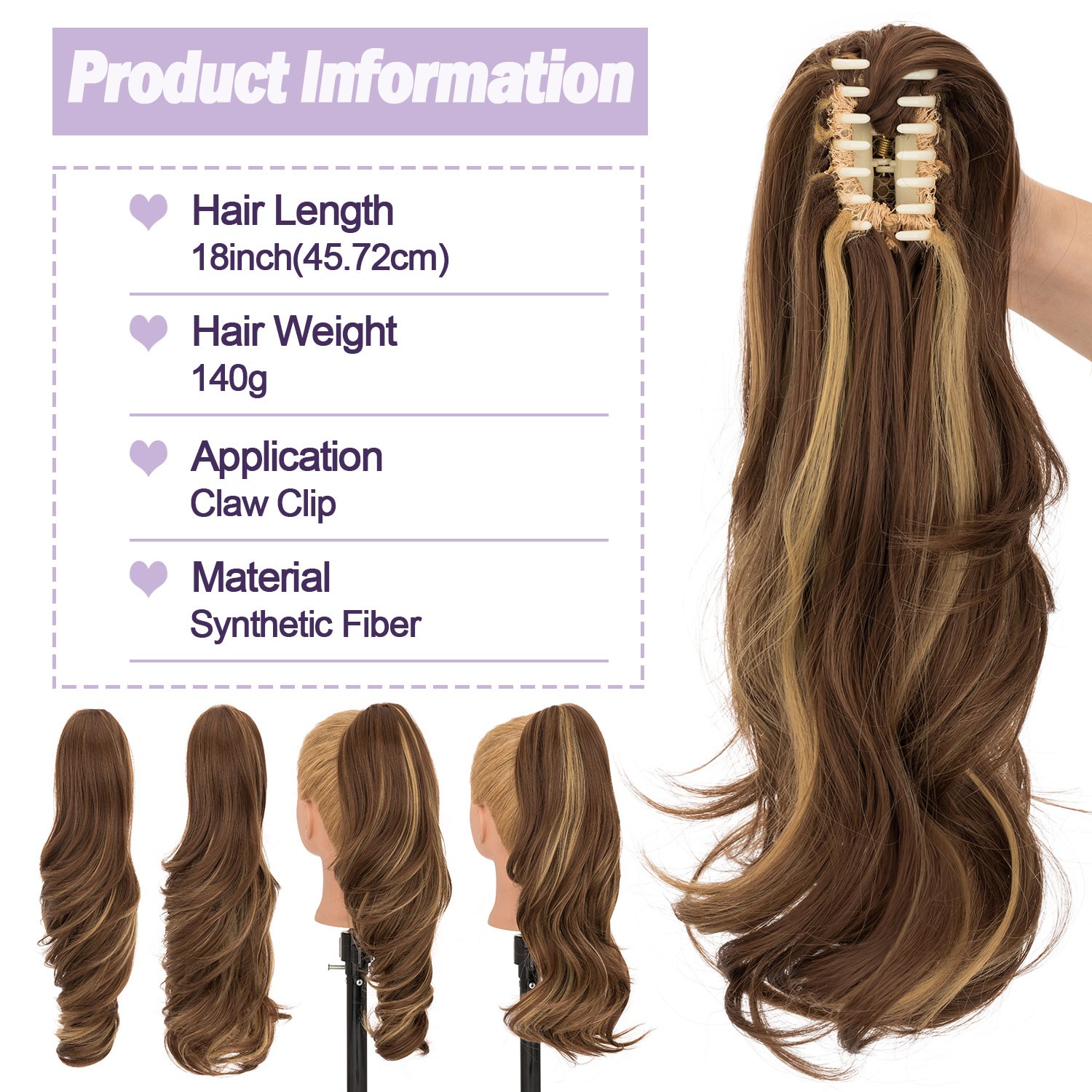140G Thick Clip In Pony Tail Hair Extensions Claw/Jaw Clip On Ponytail As Human