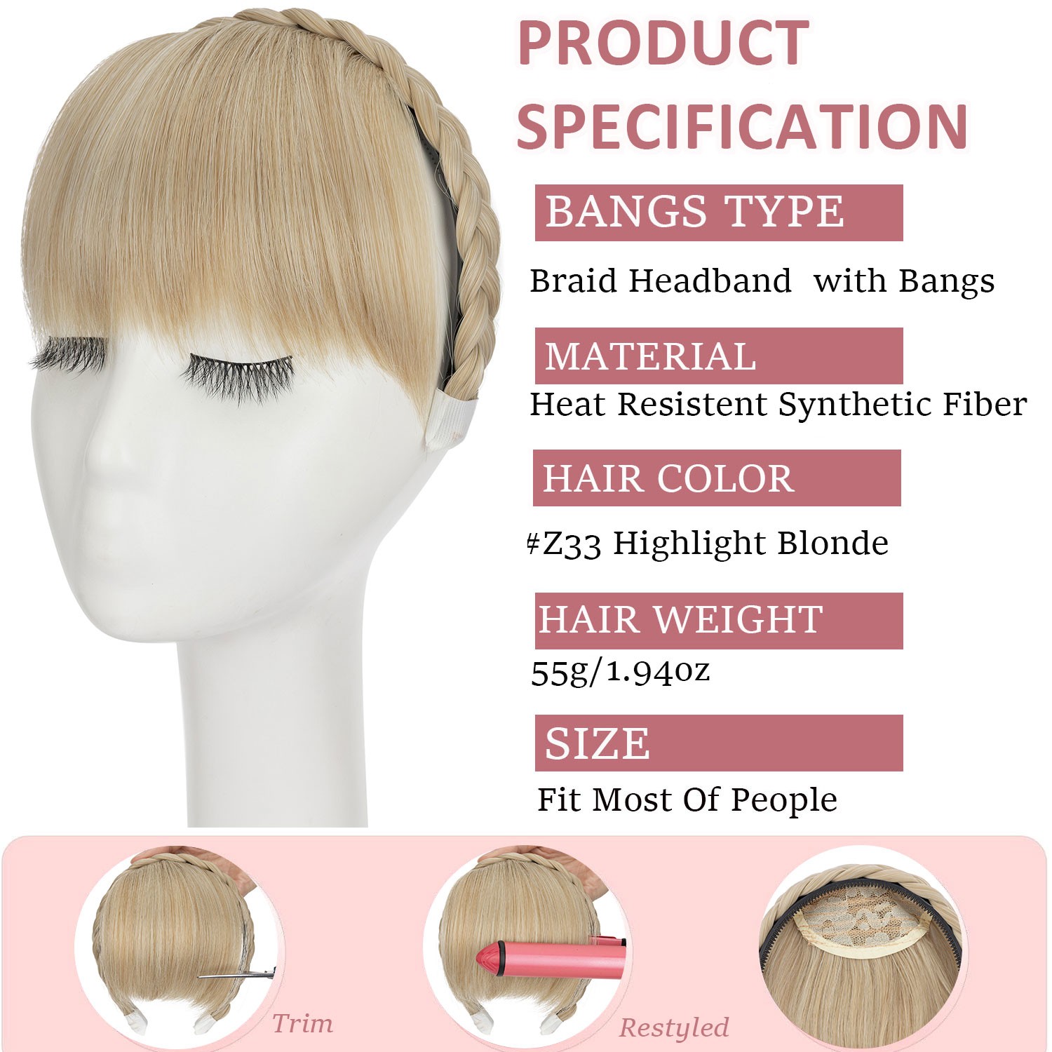 US Thick Braided Headband Fringe Hair Extensions Front Neat Bangs Hairpiece Xmas