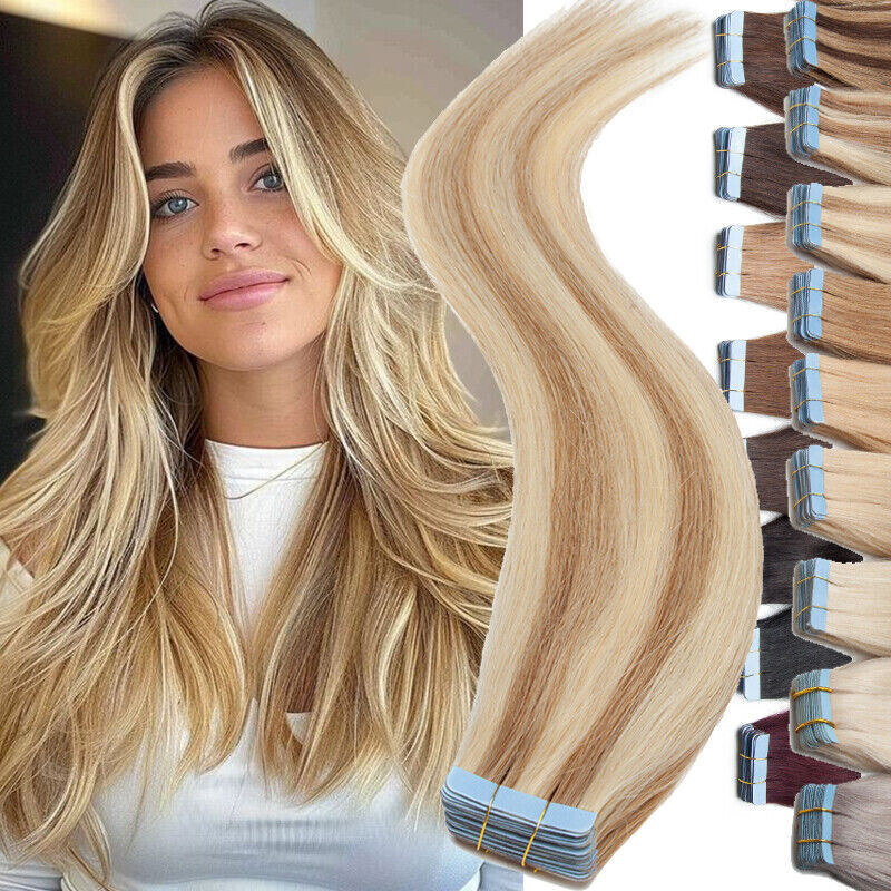 Tape In Hair Extensions Real Invisible Human Hair Skin Wefts Highlight Blonde26″