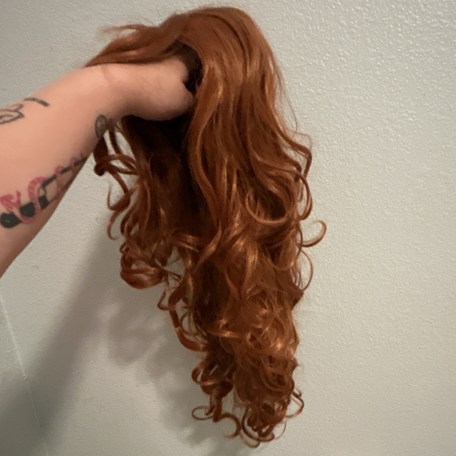 Long Curly Auburn/Copper Red Synthetic Wig, Classic Cap, Free-Part, Elastic