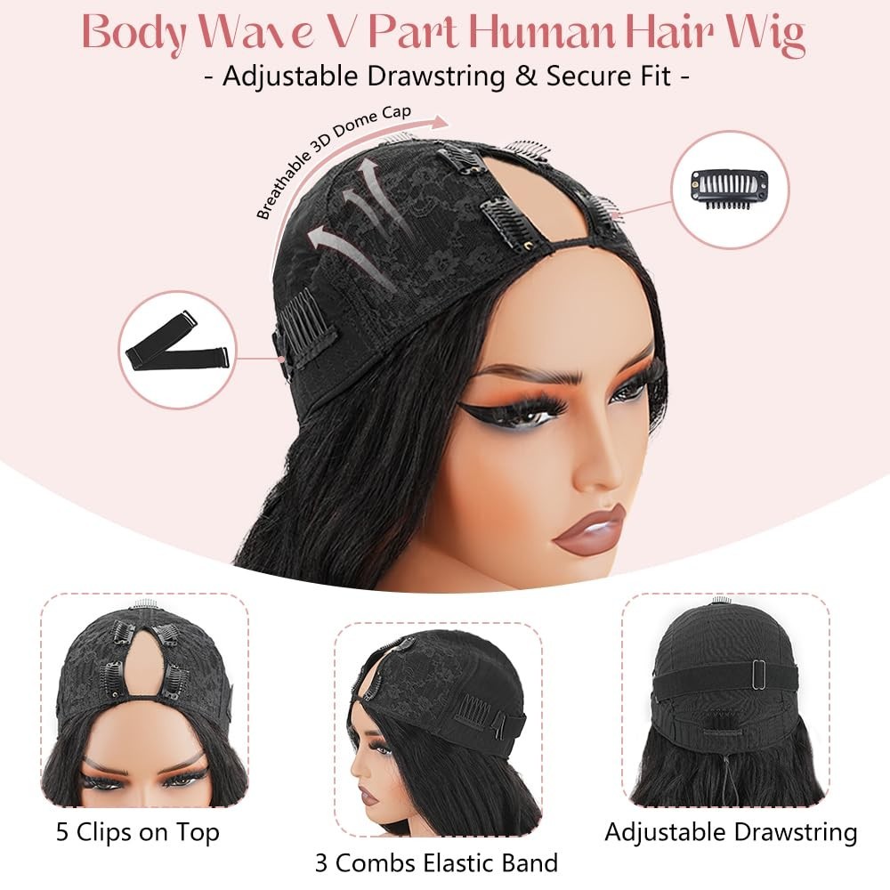 20-Inch Body Wave V Part Wig – 180% Density Glueless Human Hair Half Wig, No Sew