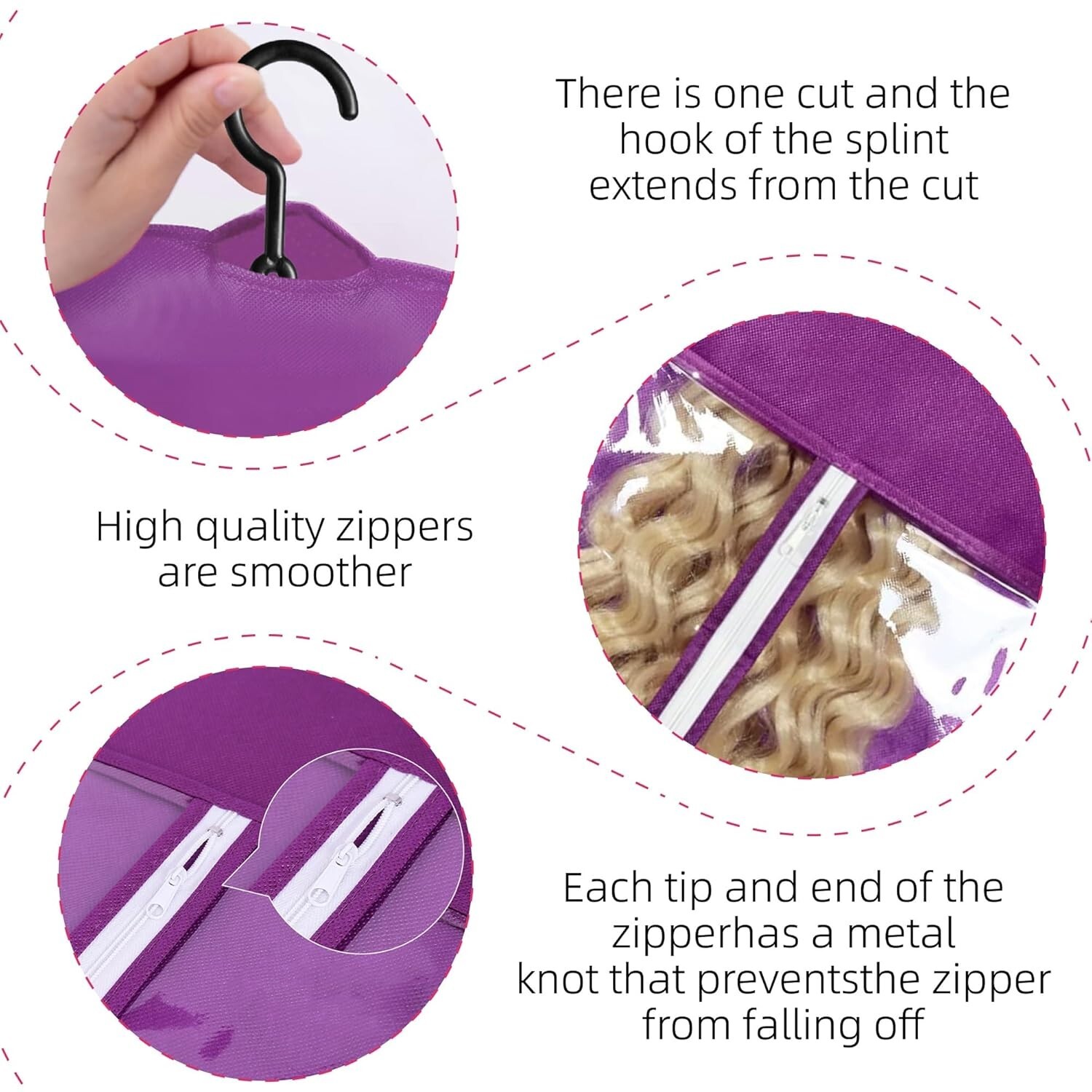 3PCS Purple Wig Hook Hanger Hair Holder Storage Dust-proof Bags Non-Woven Fabric
