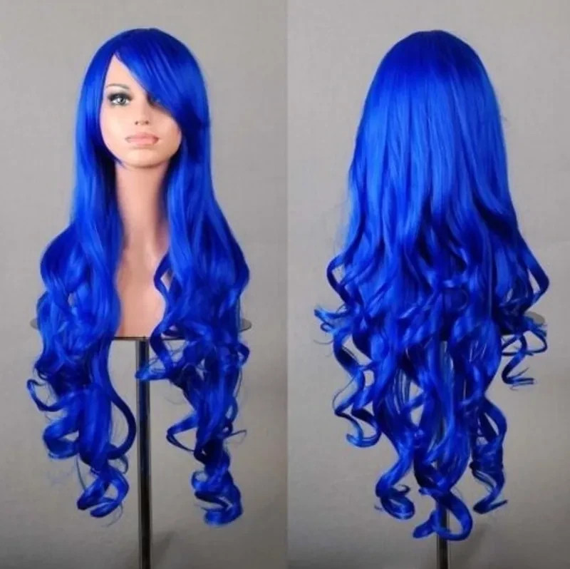 Long Wavy Cosplay or LARP Heat Resistant Synthetic Fiber Wig in Deep Blue