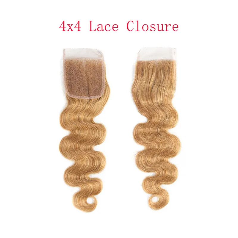 12A BRAZILIAN HUMAN HAIR WEFT 3/4BUNDLES+LACE CLOSURE HONEY BLONDE 27# BODY WAVE