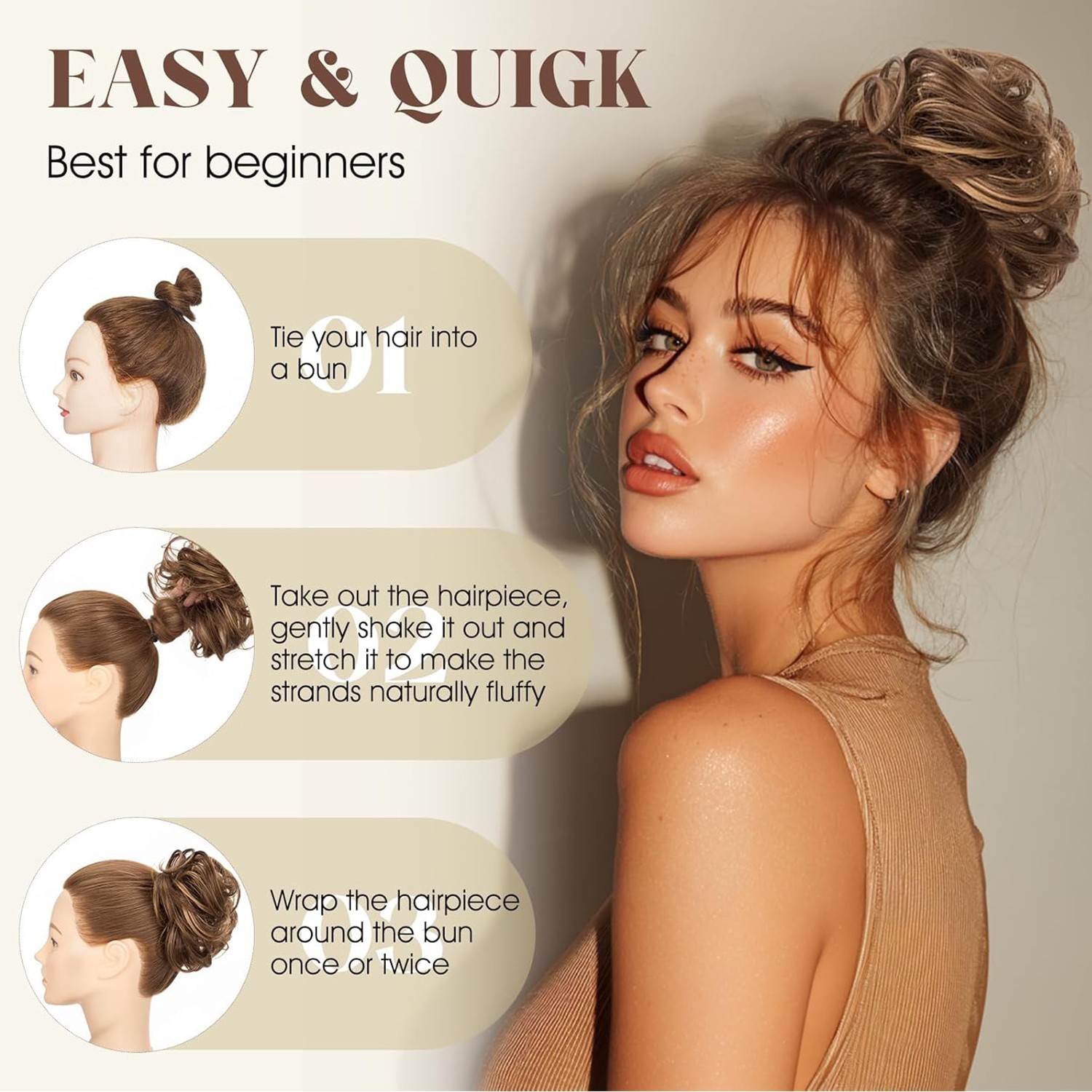 Real Natural Curly Messy Bun Hair Piece Scrunchie Hair Extensions as Human Brown