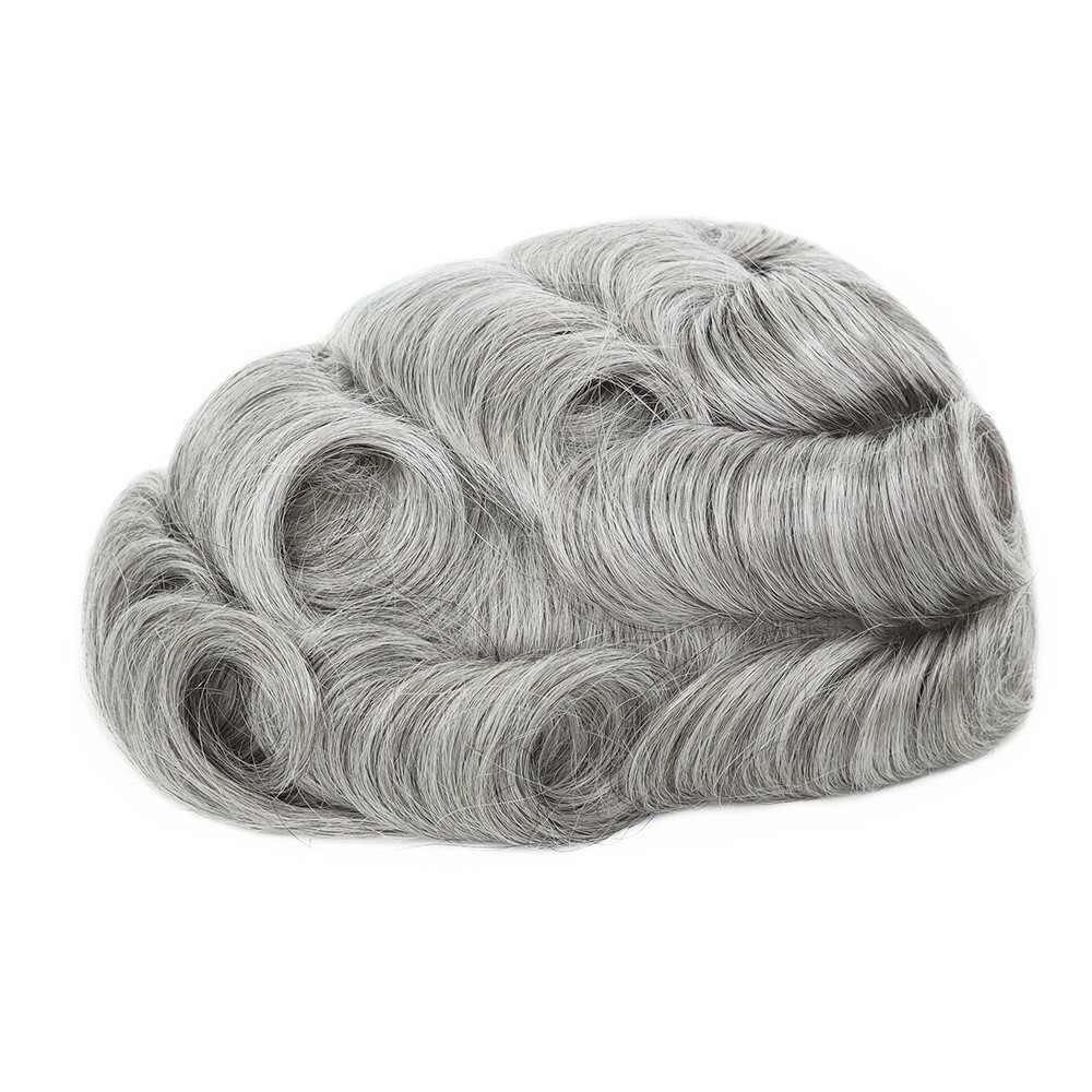 Mens Toupee Thin Skin Knotted Human Hair Replacement System Hairpiece Grey Hair