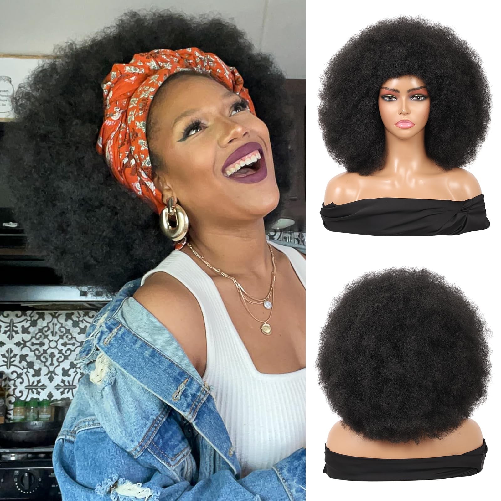 Kalyss Kinky Curly Afro Wig with Bangs 70s 1 Count (Pack of 1), Black