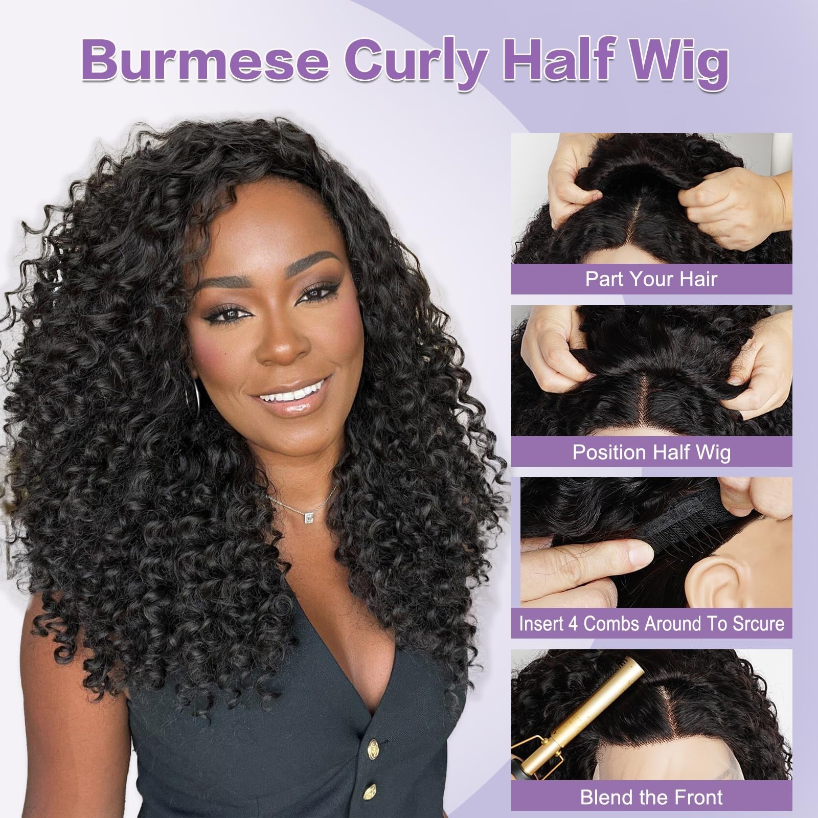 20″ Burmese Curl Half Wig – 200% Density, Glueless, Seamless, Beginner Friendly,
