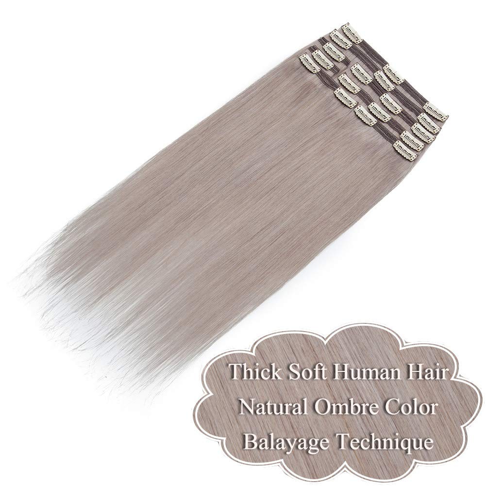 Benehair 18Inch 140G Clip In Hair Extensions Real Human Hair Highlighted Grey