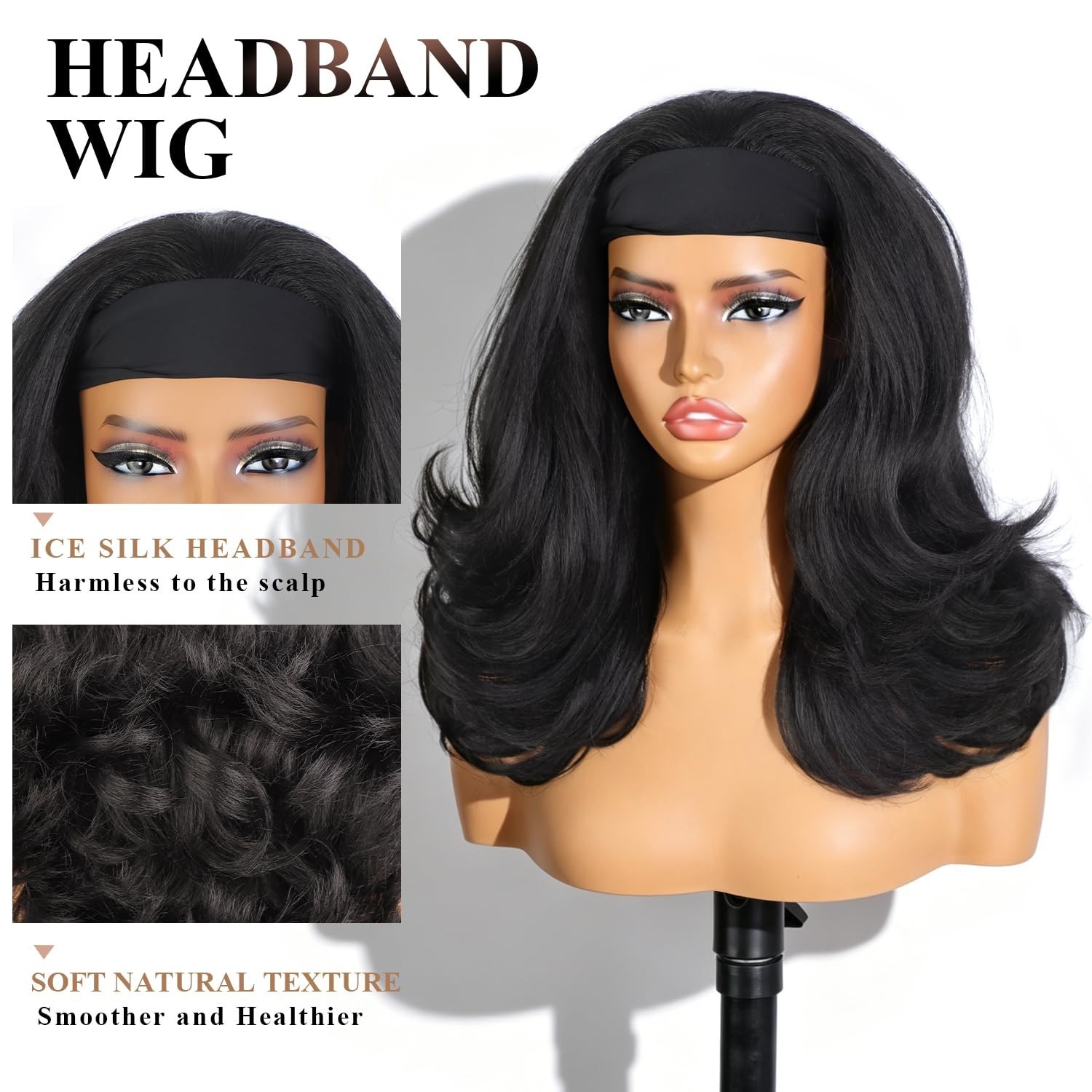 18″ Curly Headband Wig for Black Women – Synthetic Layered Kinky Straight, Easy