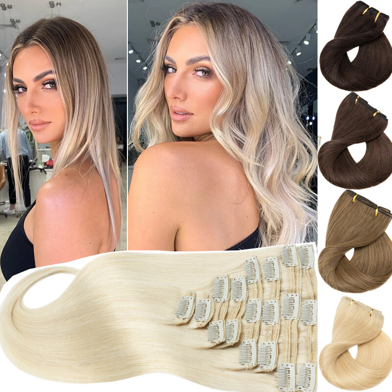 EXTRA THICK Double Weft Clip In 100% Human Hair Extensions Full Head 140g BLONDE